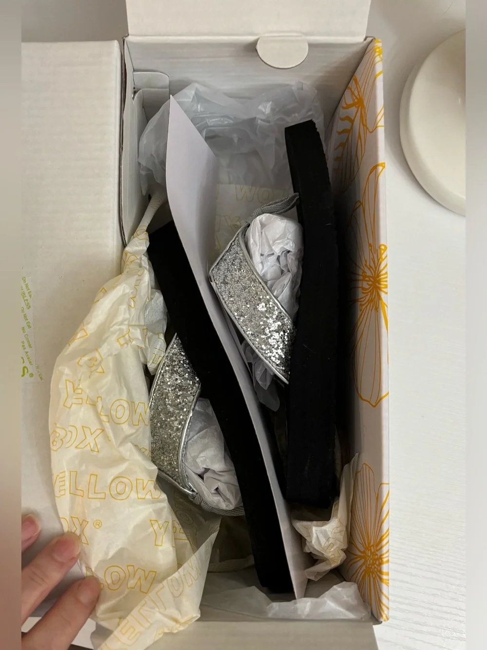 Yellow Box sparkly silver